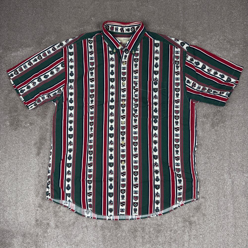 Natural Issue Size L Green Red Stripe Crest Short Sleeve Button Up Shirt 90s